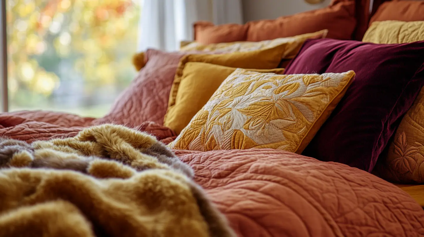 Bed with layered autumn bedding and textured pillows in fall colors