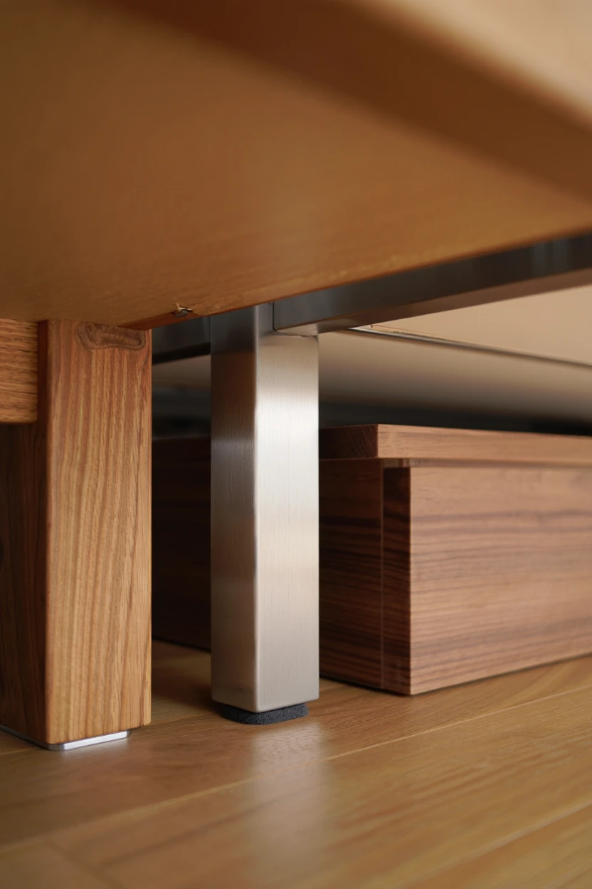 Variety of bed leg designs and heights on hardwood floor