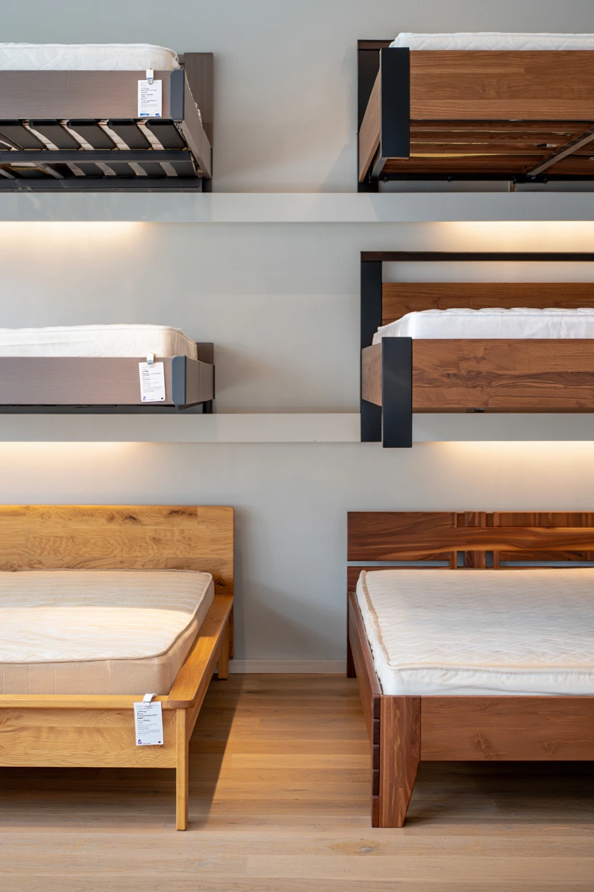 Bedroom showroom with different bed frames and price tags