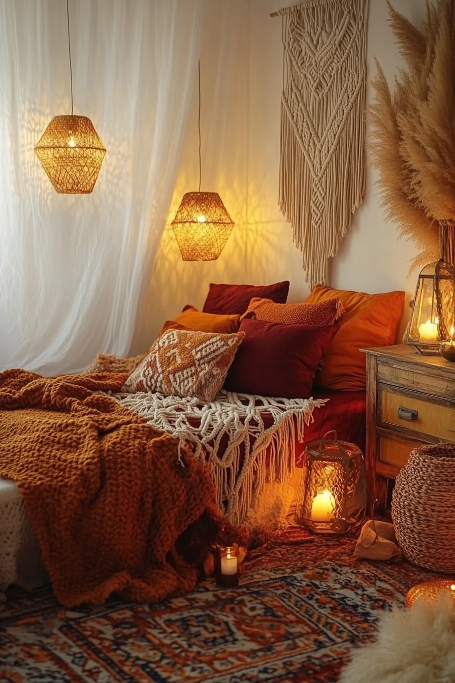 Boho Autumn Bedroom Mood Lighting Ideas for Warm Cozy Spaces