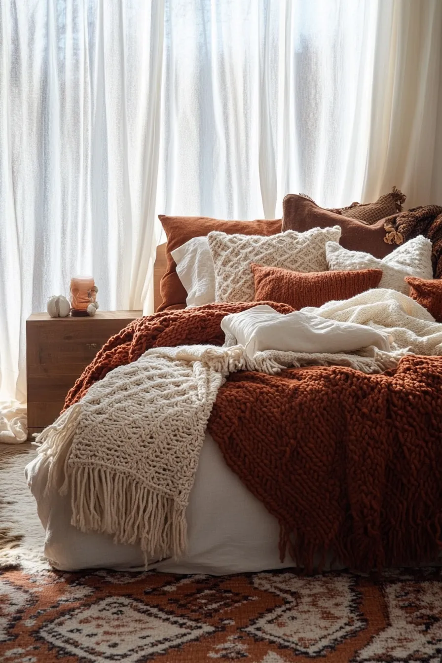 Boho chic layered winter textiles for a cozy bedroom vibe