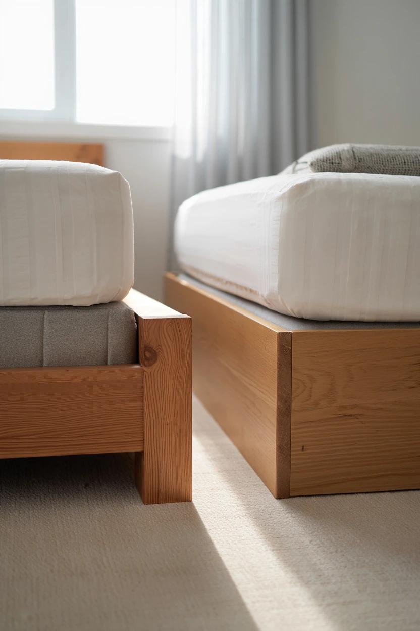 Bedroom showing platform bed frame and box spring bed frame comparison
