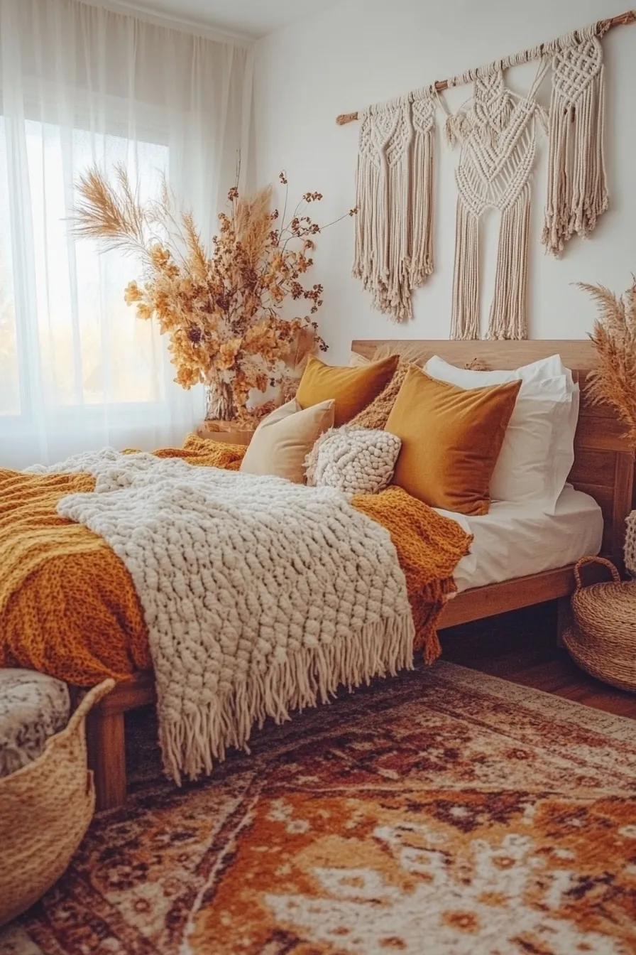 Charming Bohemian Fall Bedroom for Girls Featuring Natural Elements and Soft Lighting