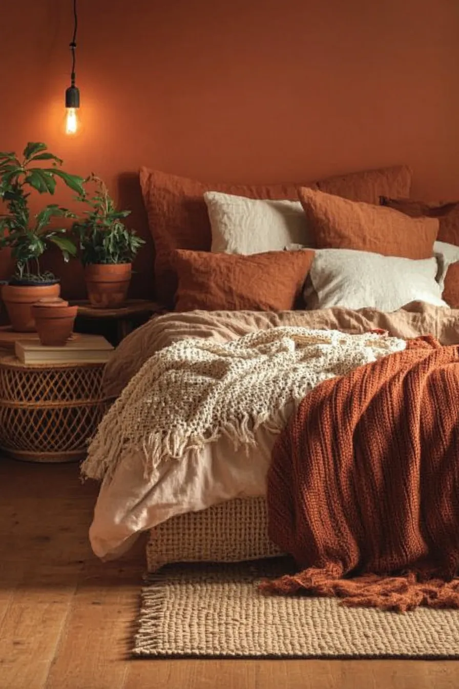 Compact bedroom warm earthy fall tones for cozy small room design