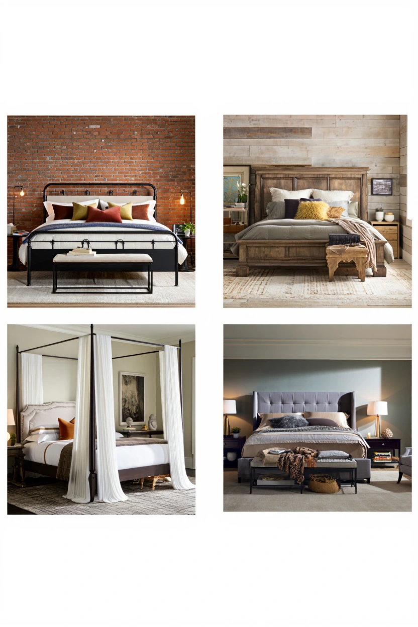 Four bedrooms styled with metal, wood, four-poster and upholstered bed frames