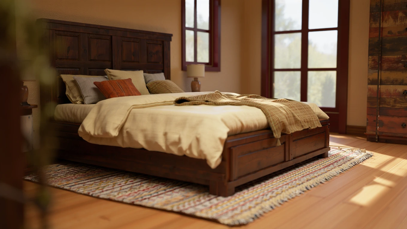 Cozy bedroom with a wooden bed frame and warm natural light