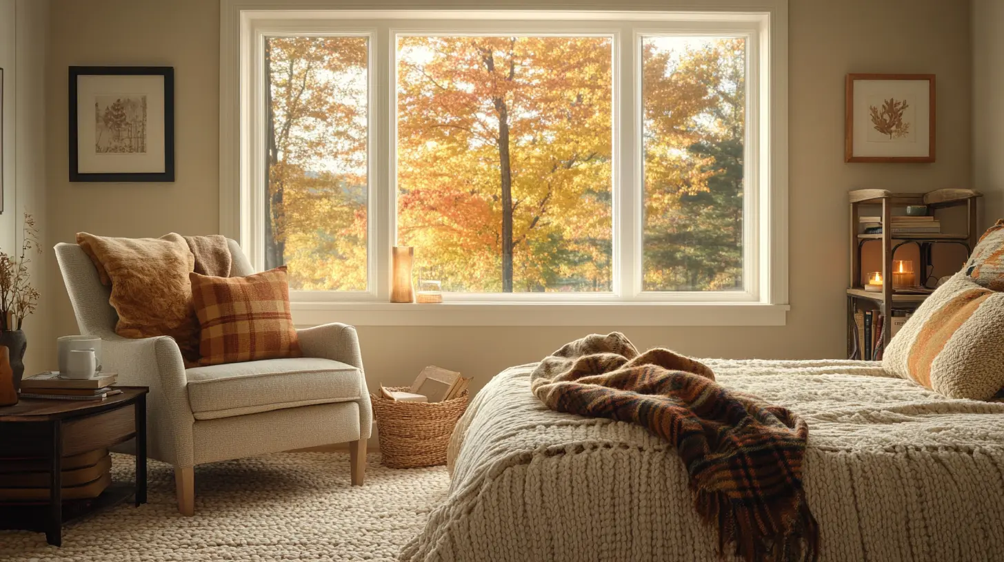 Cozy fall bedroom corner with armchair, side table, woven basket, and natural light