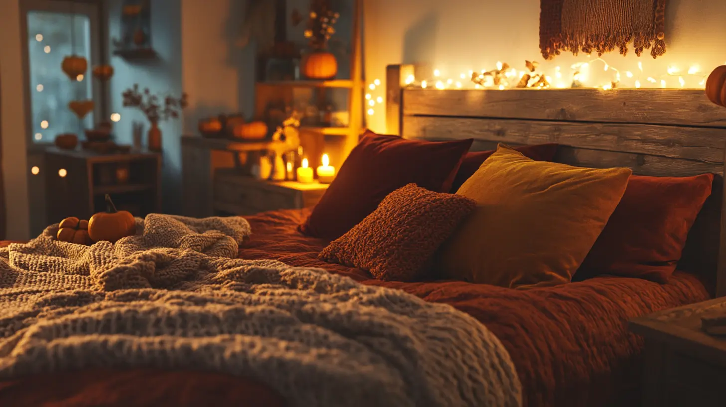 Cozy fall bedroom with layered bedding, warm lighting, and autumn decor