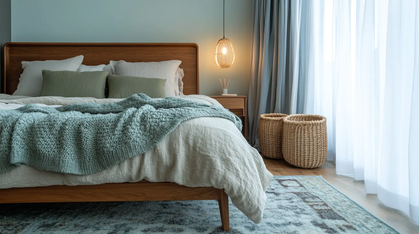 Cozy Calming blue bedroom with layered bedding and warm wood accents