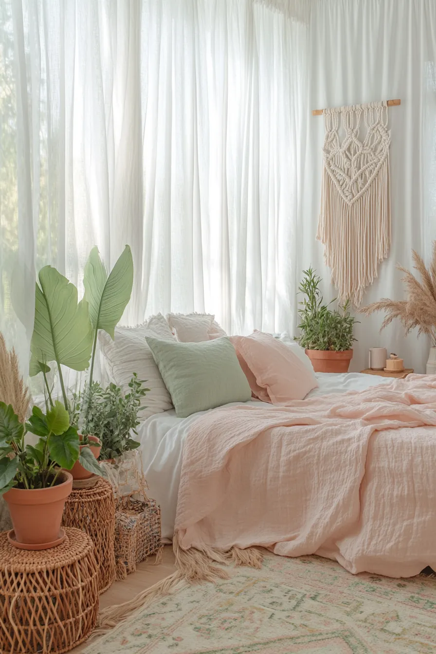 Create an airy boho spring bedroom makeover with light textures and fresh tones