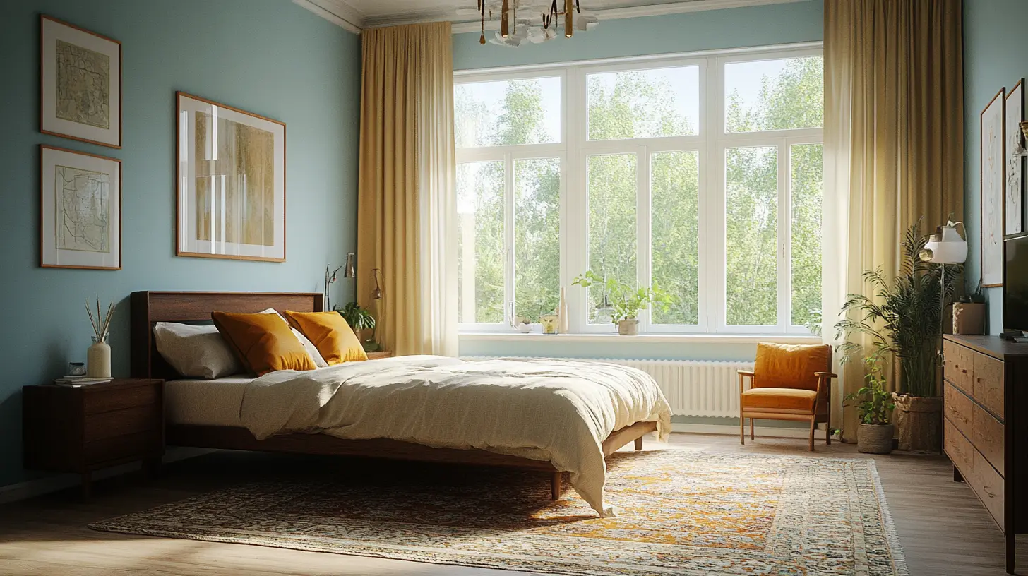 Bedroom with blue walls, warm beige and rust accents, balanced color palette