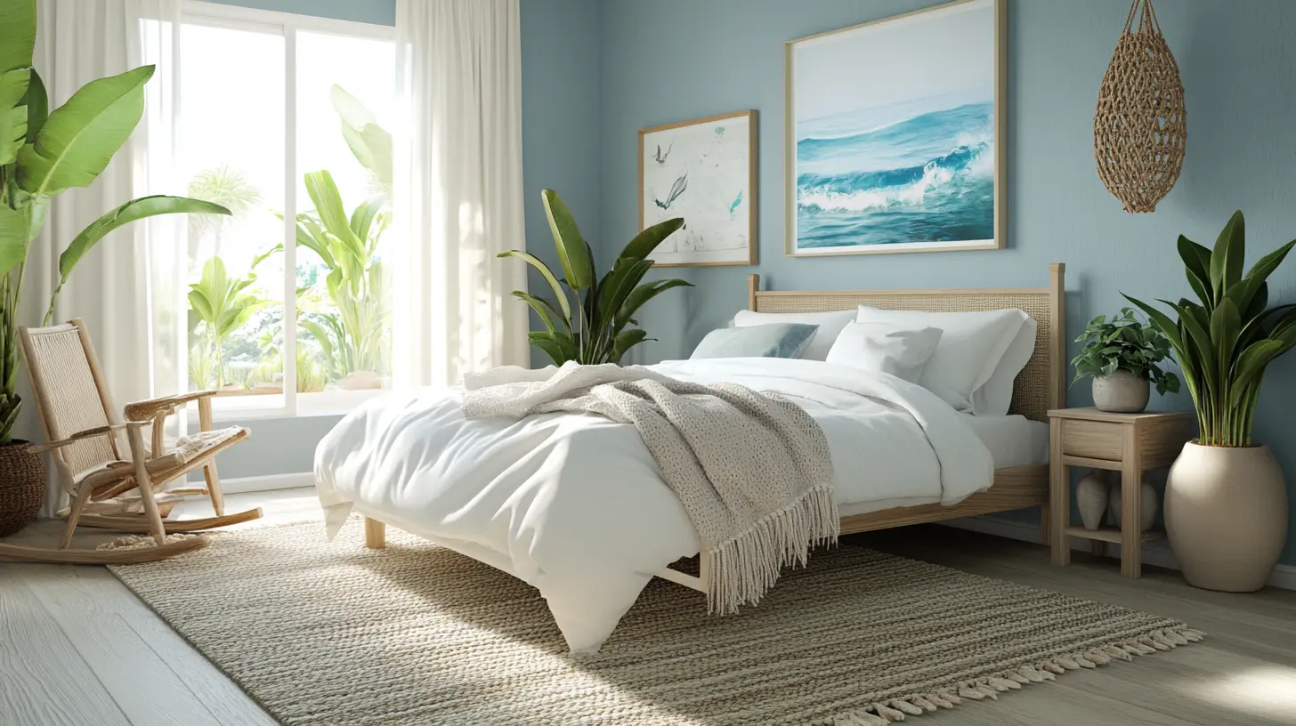 Light Calming blue bedroom with natural wood furniture and greenery