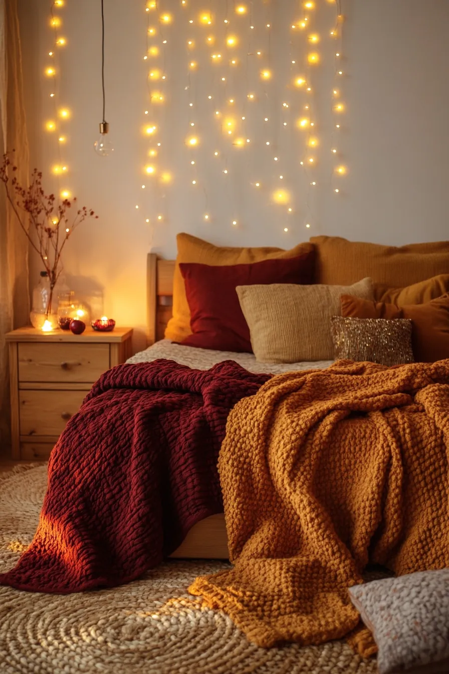 Design a tranquil haven featuring warm fall bedroom cozy ambient illumination