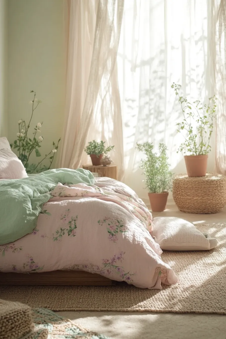 Elegant Soft Pastel Sustainable Bedroom Spring Designs for a Calm and Green Retreat