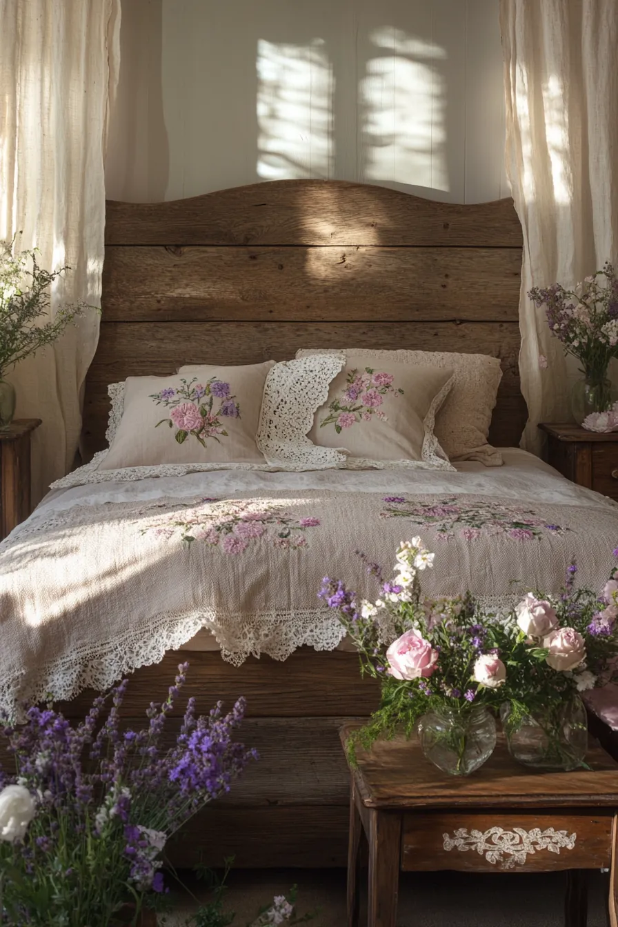 Elevate Vintage and Rustic Bedroom Charm with Springtime Wooden Bed Decor