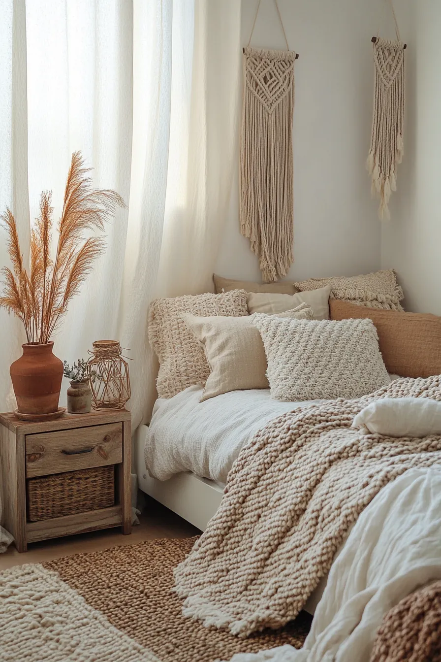 Elevate Your Space with Textured Neutral Fall Bedroom Vibes in Boho Chic Decor