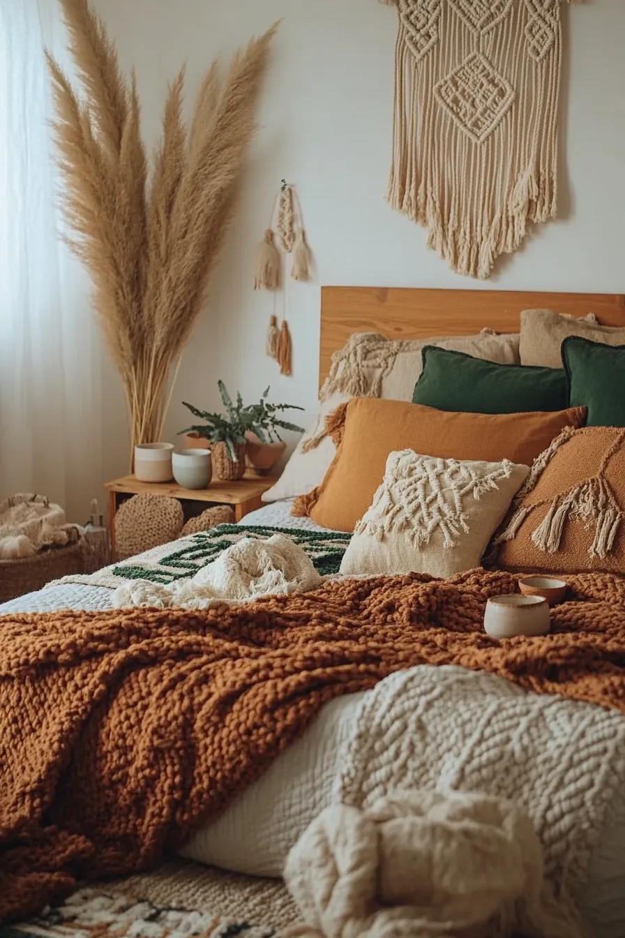 Embrace Warmth and Texture in Earthy Tones Boho Bedroom Fall Styling Ideas