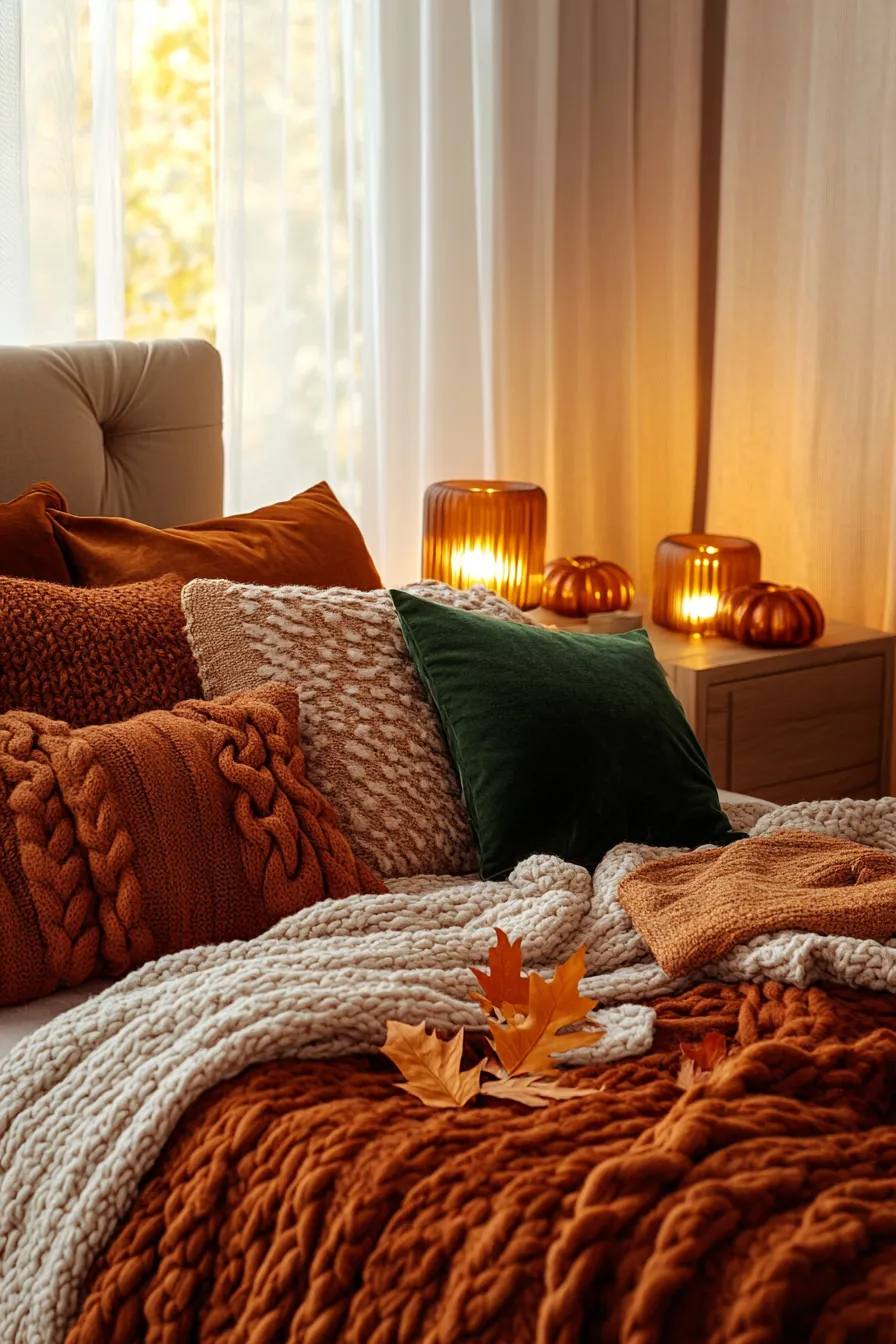 Explore Rich Autumn Earthy Bedroom Textile Ideas for Warm Lighting