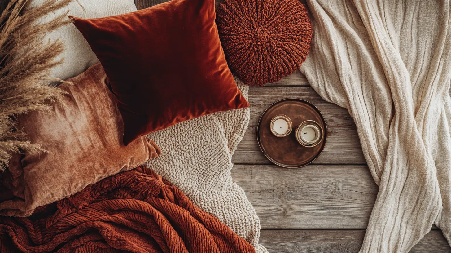 Autumn fabric swatches and textured decor items in warm earth tones flat laids