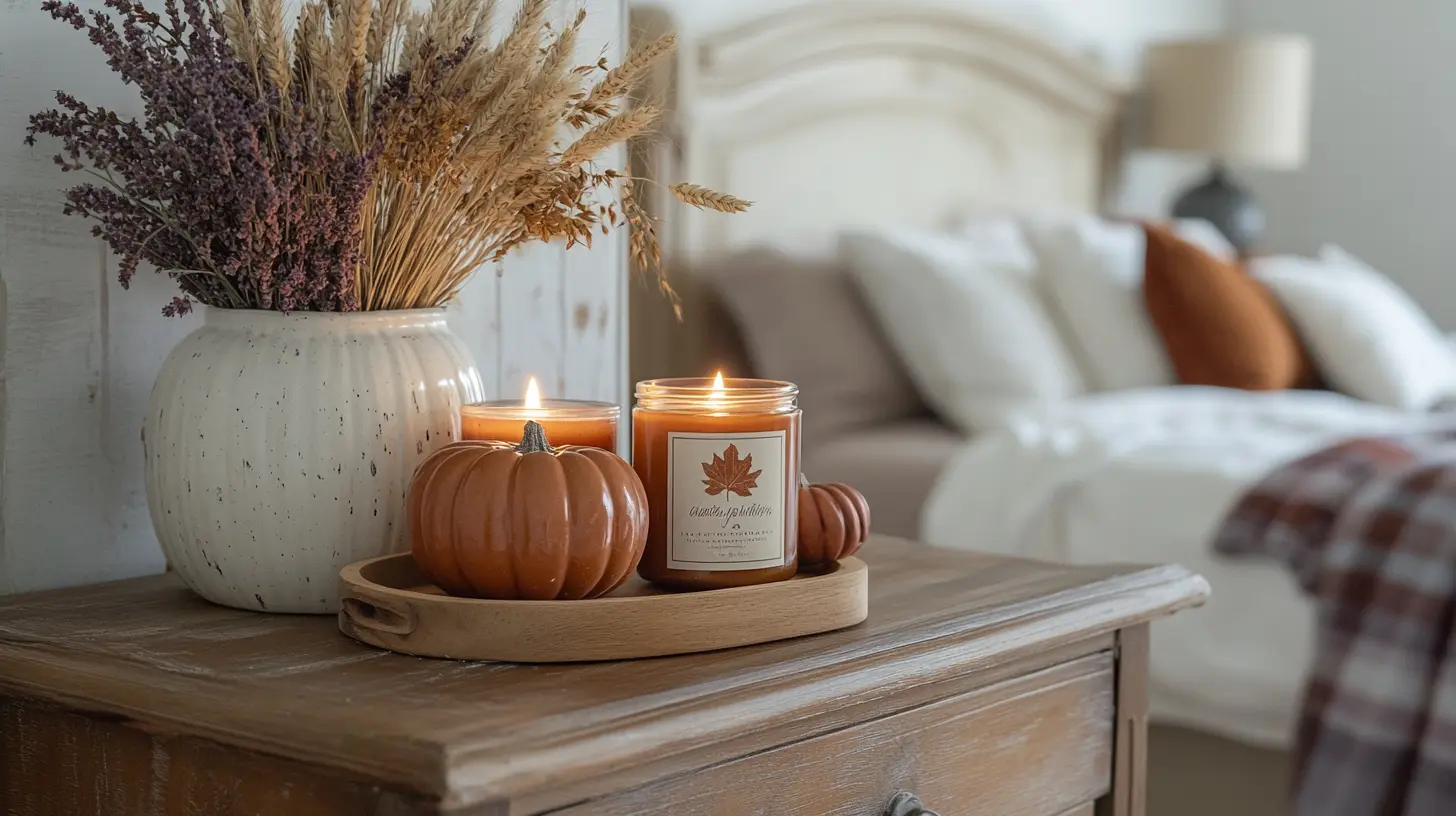 Pumpkin spice scented candles and autumn decor on rustic dresser