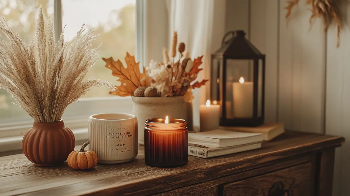 Fall-styled dresser and desk with scented candles, faux garlands, and autumn decor accents