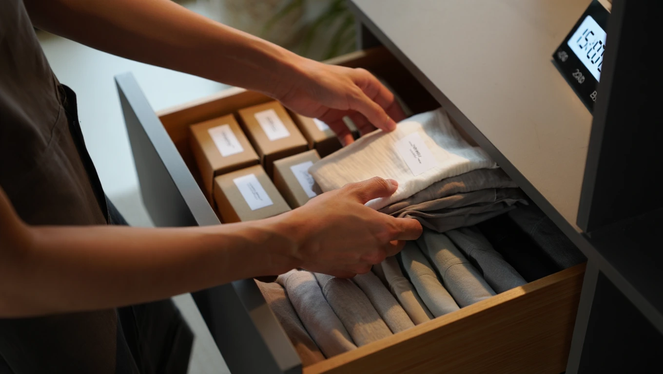 Hands sorting clothes in a drawer during timed decluttering session