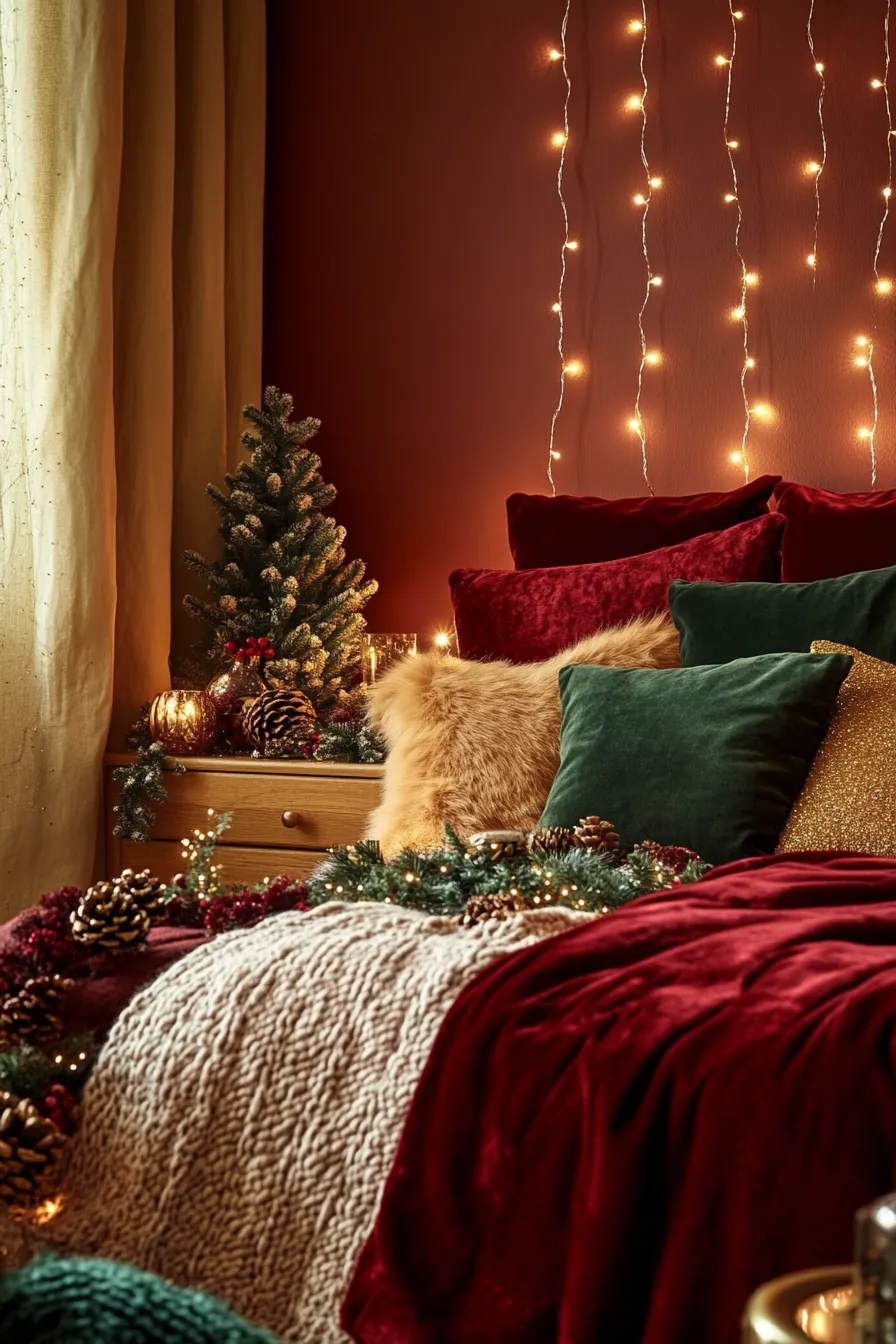 Holiday themed bedroom styling tips for a cozy festive makeover