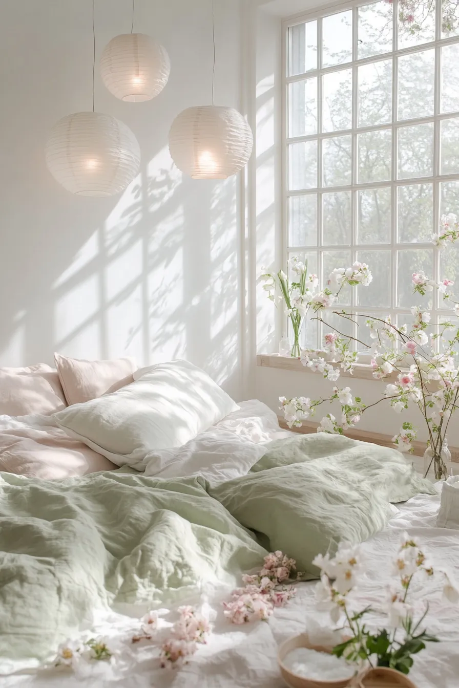How to design a minimalist spring bedroom with tranquil lights enhancing serene ambiance