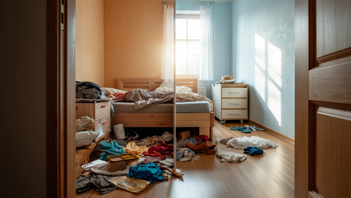 Split image of messy versus organized small bedroom illustrating calm versus stress