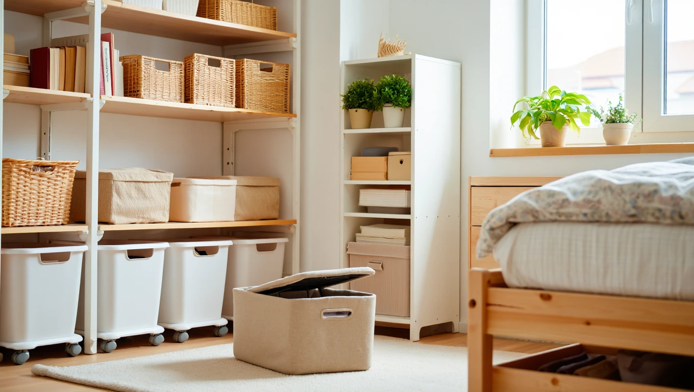 Small bedroom with under-bed bins, wall shelves, corner storage, and multifunctional furniture