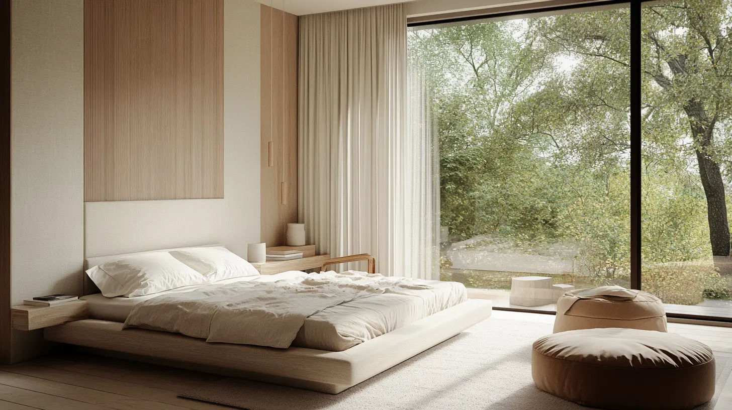 Japandi style bedroom with minimalism and warmth.