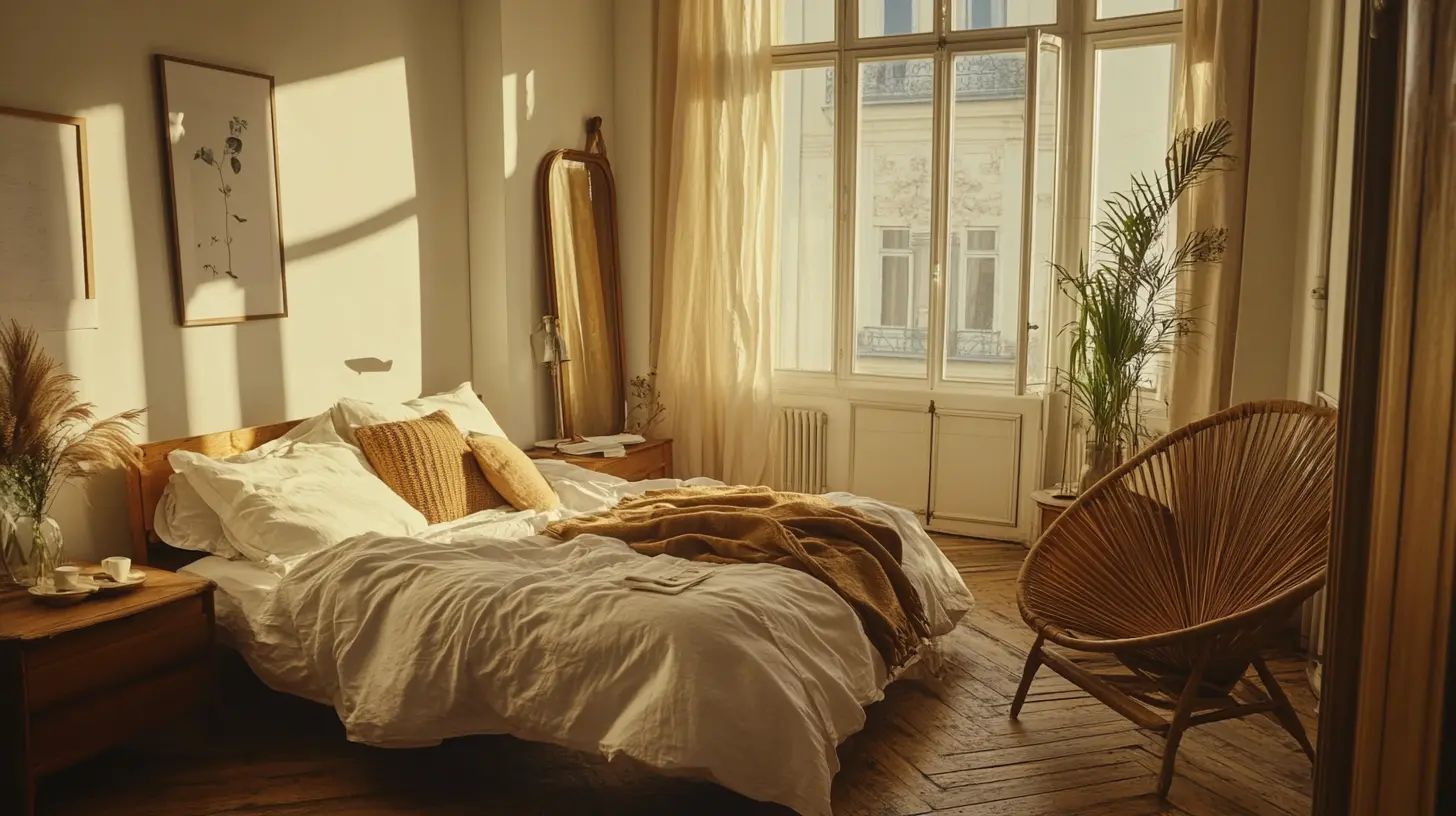 Scandinavian bedroom with wooden elements and natural decor.