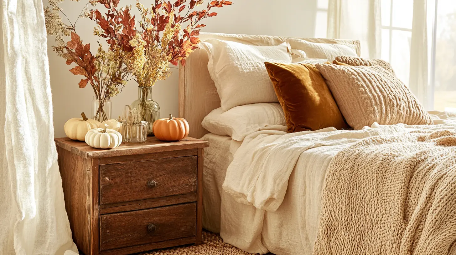 Fall branches in vases with faux pumpkins and leaf pillows in cozy bedroom corner