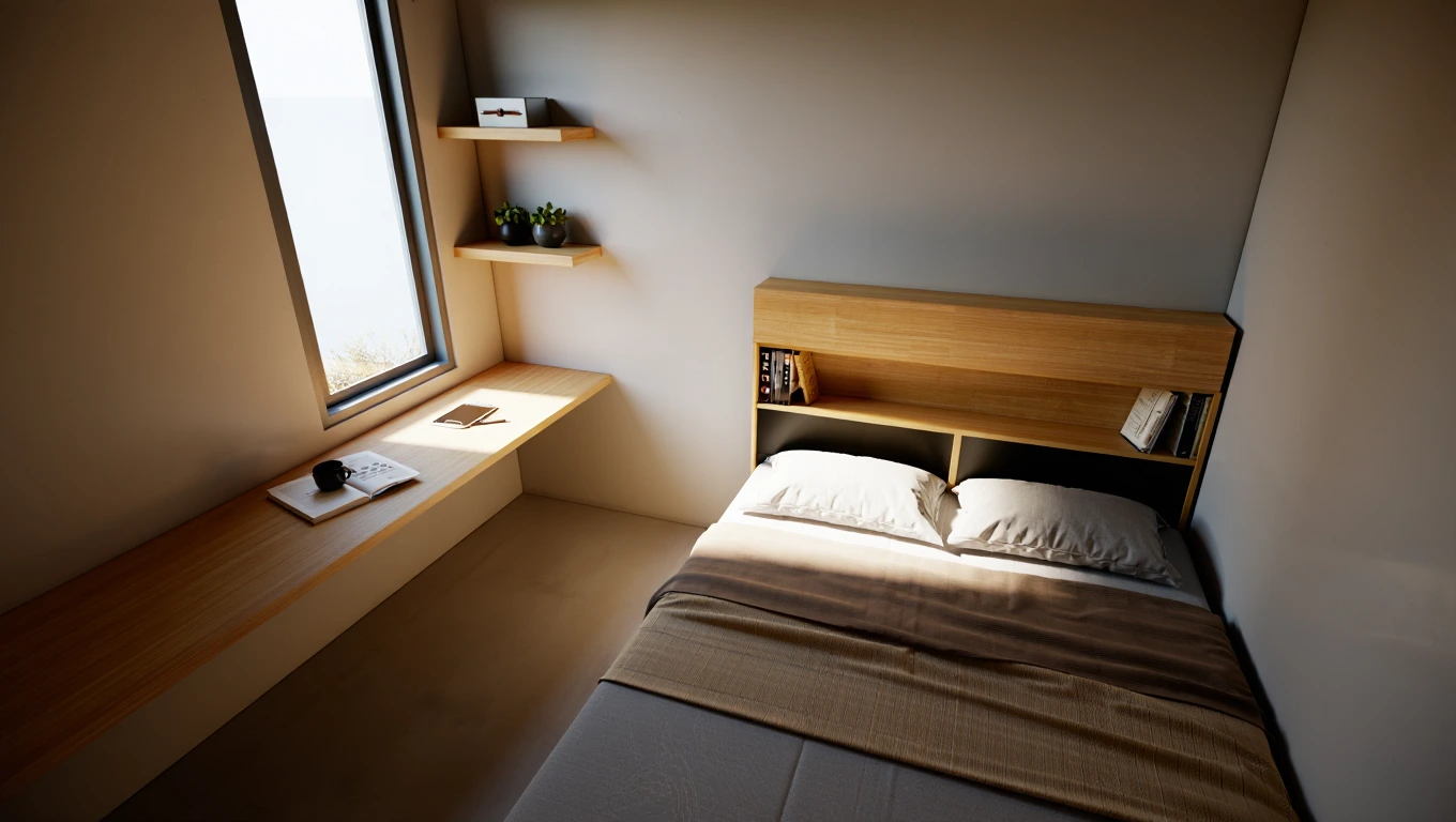 Small bedroom with optimized furniture layout and multifunctional pieces