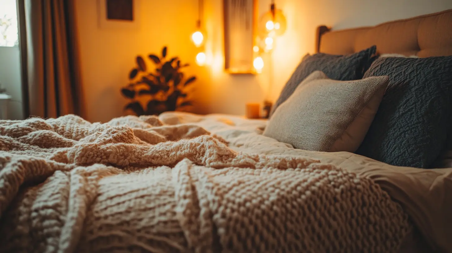 Cozy Scandinavian bedroom with layered textiles and warm lighting.