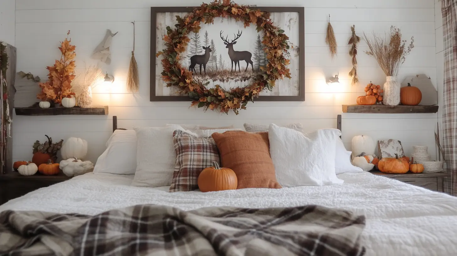 Bedroom wall with fall-themed artwork, dried leaf wreath, and pinecone garlands
