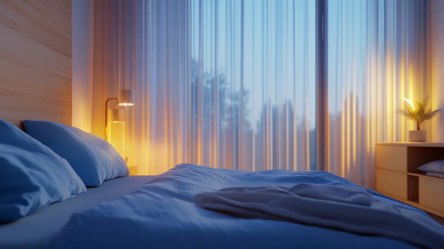 Calming Blue Bedroom illuminated by soft natural and warm artificial lighting