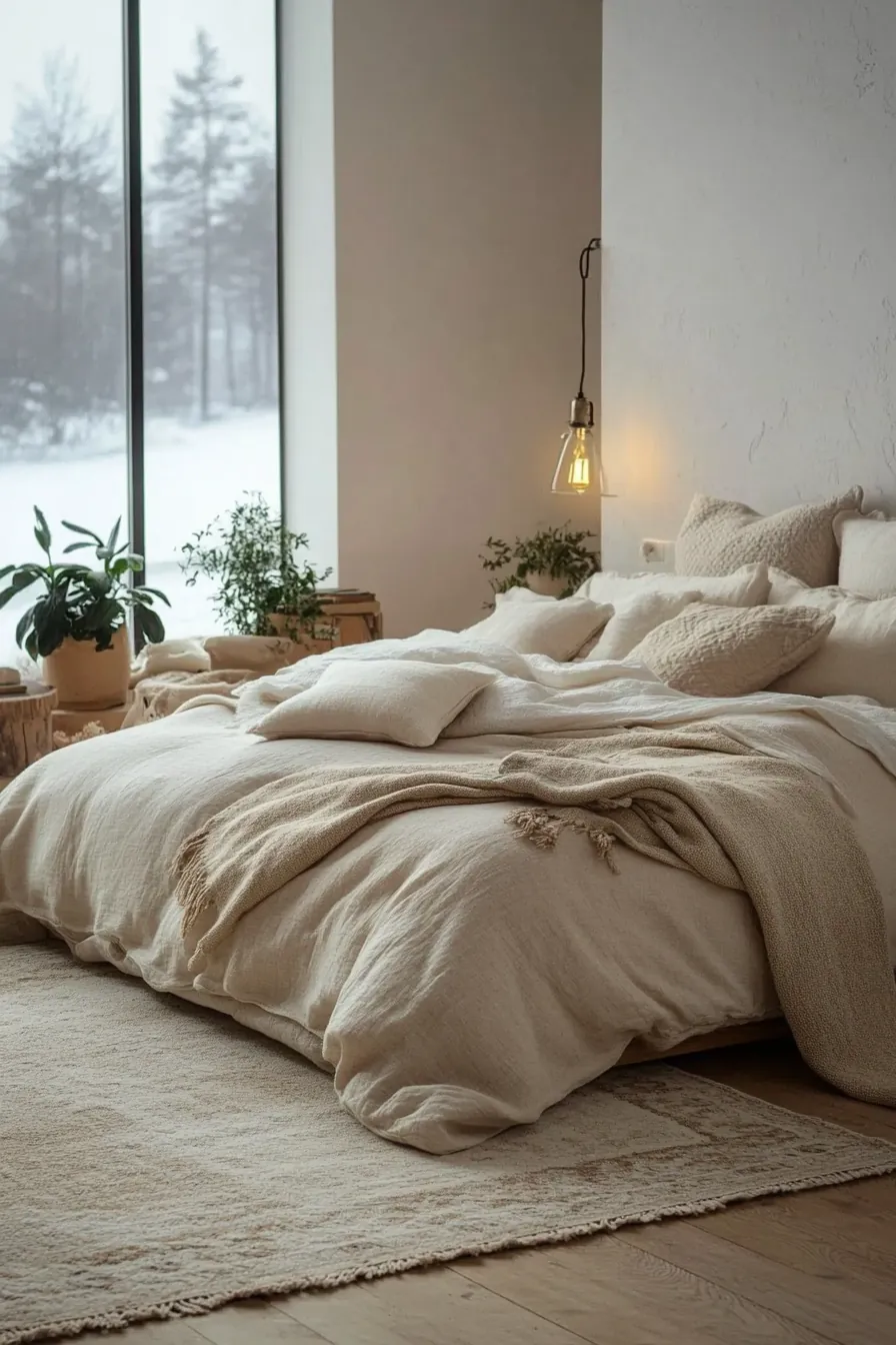 Sustainable minimalist winter bedroom layering for serene comfort