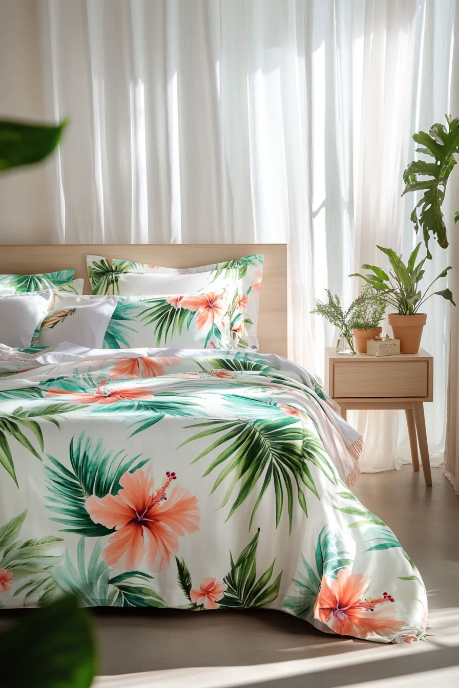 Transform Your Bedroom with Summer Tropical Print Bedding Trends and Coastal Vibes