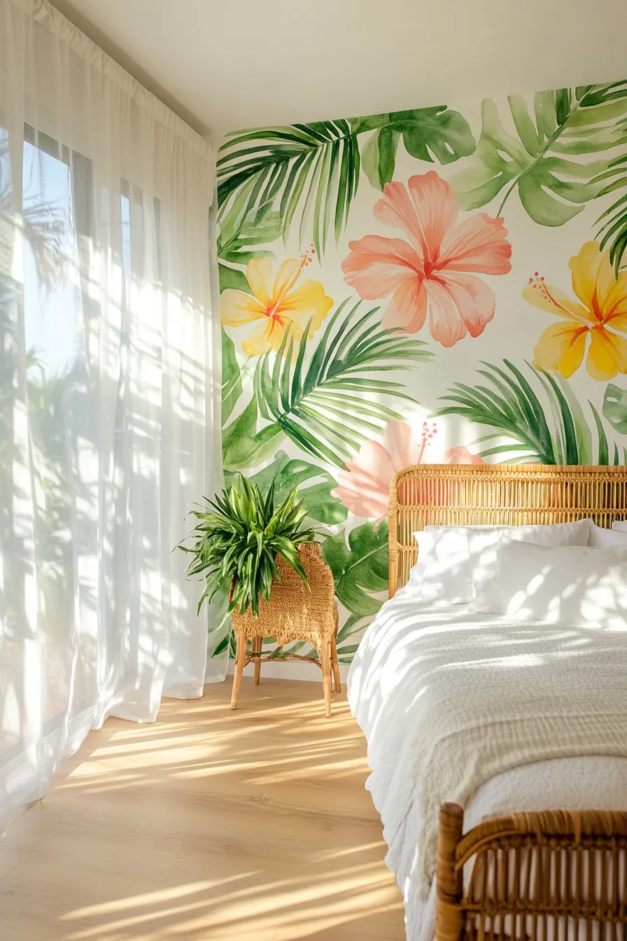 Transform Your Space with Summery Tropical Bedroom Accent Walls and Lush Designs