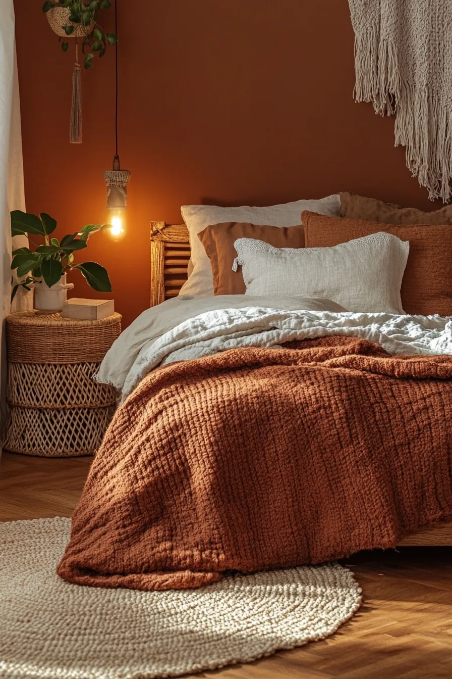 Transform your compact bedroom with warm earthy fall tones ambiance