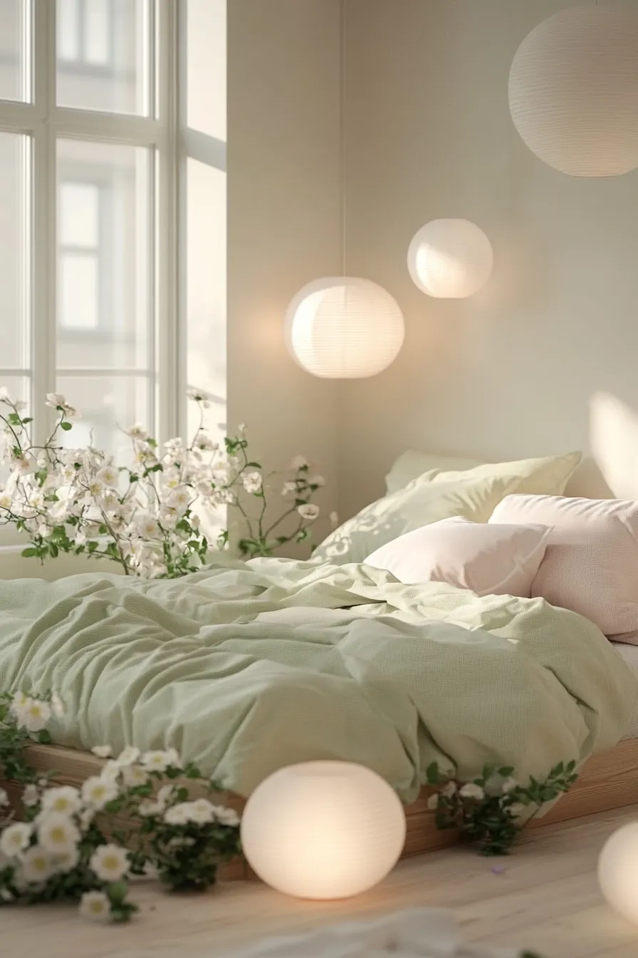 Transform your space with a minimalist spring bedroom featuring tranquil lights and calm vibes
