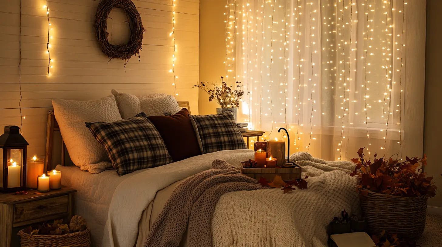 Fall bedroom illuminated by warm amber lamps, string lights, and candlelight