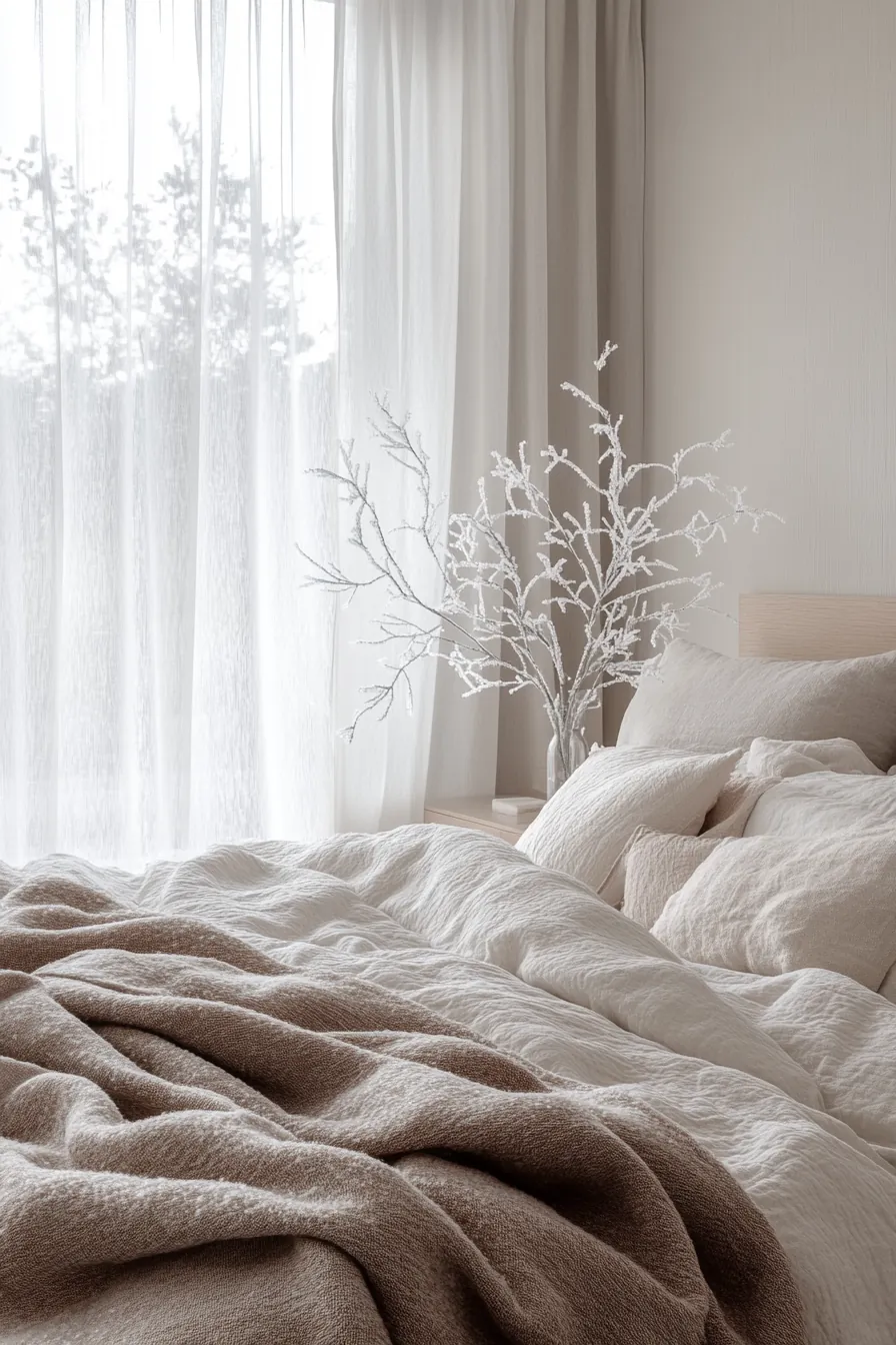 Winter themed minimalist bedroom decor for a cozy serene sanctuary