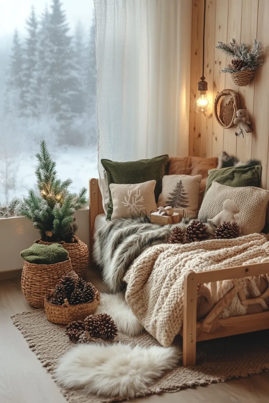rustic winter kids bedroom inspiration featuring natural textures and soft lighting